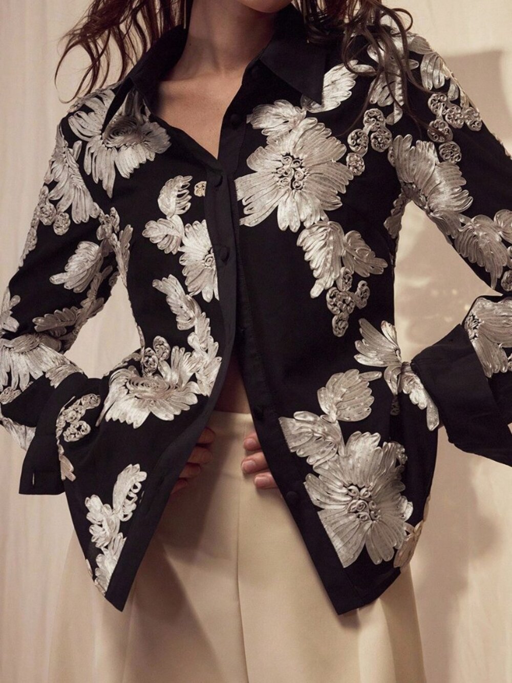 Black Elegant Women's Embroidered Button Up Shirt